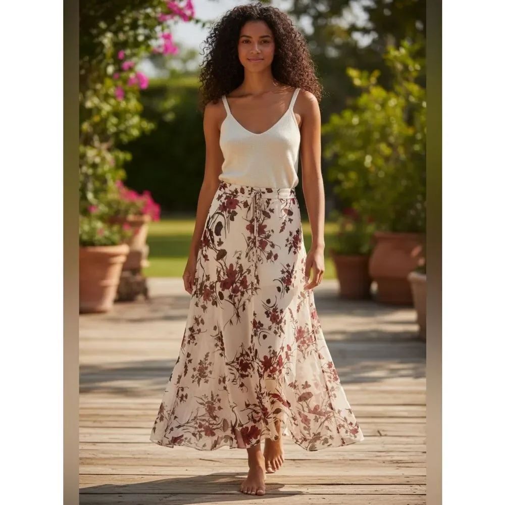 Ramona La Rue by Arianne Cream Floral Print Chiffon Maxi Skirt M/L